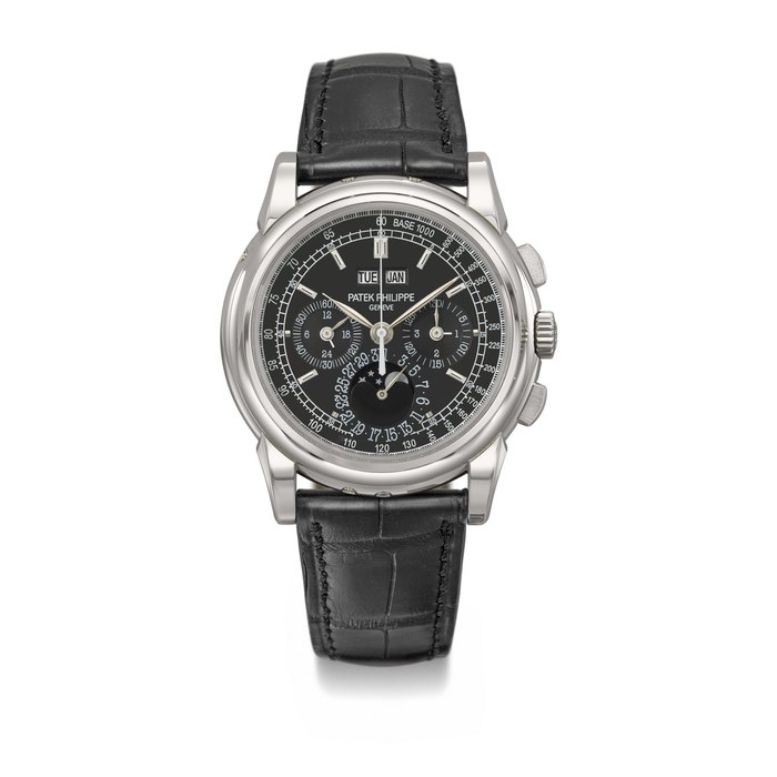 PATEK PHILIPPE. A VERY RARE PLATINUM PERPETUAL CALENDAR CHRONOGRAPH WRISTWATCH WITH MOON PHASES, 24 HOUR INDICATION, ADDITONAL CASE BACK, CERTIFICATE OF ORIGIN AND BOX SIGNED PATEK PHILIPPE, GENEVE, REF. 5970P-001, MOVEMENT NO. 3'931'655, CASE NO. 4'494'413, CIRCA 2009