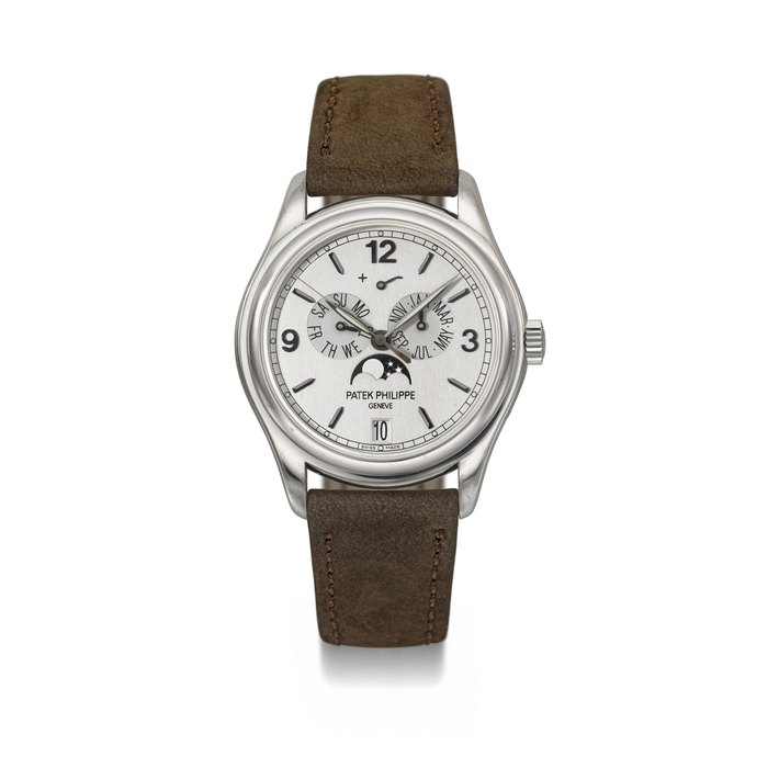 PATEK PHILIPPE. A RARE 18K WHITE GOLD LIMITED EDITION AUTOMATIC ANNUAL CALENDAR WRISTWATCH WITH SWEEP CENTRE SECONDS, MOON PHASES, POWER RESERVE, CERTIFICATE OF ORIGIN AND BOX SIGNED PATEK PHILIPPE, GENEVE, ADVANCED RESEARCH, REF. 5250G-001, MOVEMENT NO. 3'636'020, CASE NO. 4'339'164, CIRCA 2006