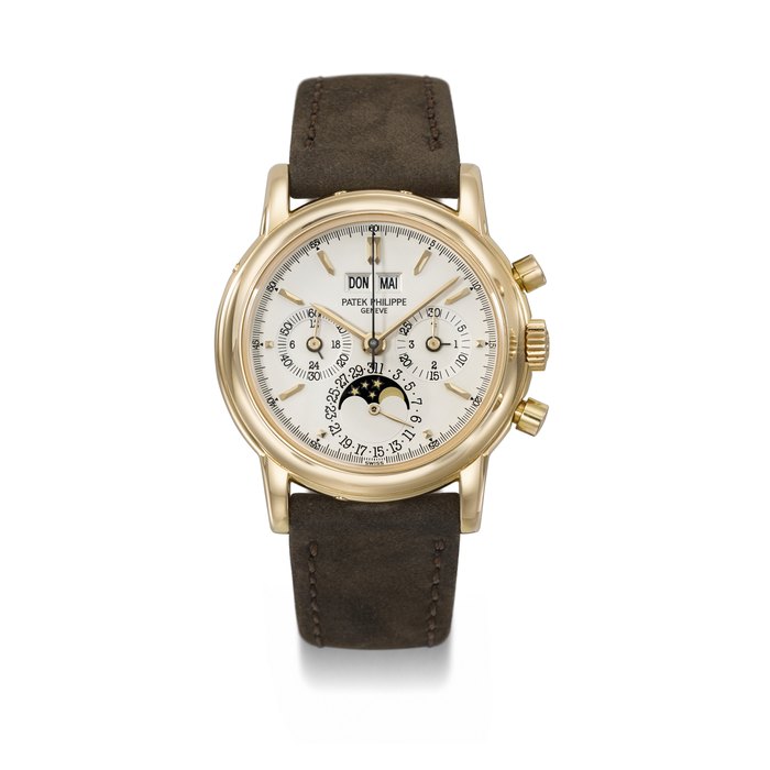 PATEK PHILIPPE. A RARE 18K PINK GOLD PERPETUAL CALENDAR CHRONOGRAPH WRISTWATCH WITH MOON PHASES, 24 HOUR INDICATION AND LEAP YEAR INDICATION SIGNED PATEK PHILIPPE, GENEVE, REF. 3970E, MOVEMENT NO. 3'045'175, CASE NO. 2'968'301, CIRCA 2000