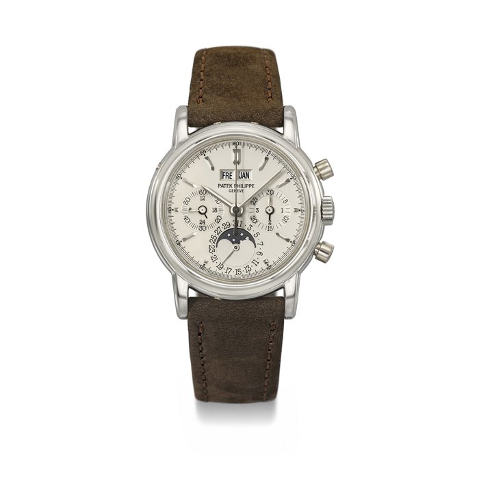 PATEK PHILIPPE. A RARE PLATINUM PERPETUAL CALENDAR CHRONOGRAPH WRISTWATCH WITH MOON PHASES, 24 HOUR INDICATION, LEAP YEAR INDICATION AND BOX SIGNED PATEK PHILIPPE, GENEVE, REF. 3970E, MOVEMENT NO. 3'045'717, CASE NO. 4'025'538, MANUFACTURED IN 1997