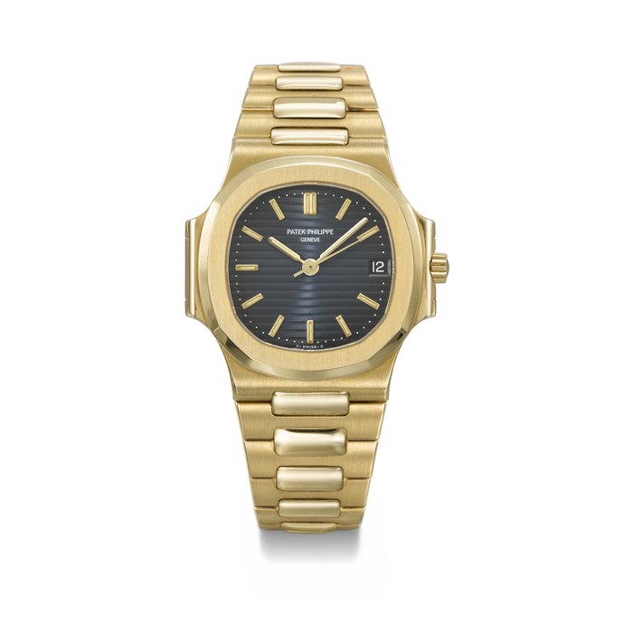 PATEK PHILIPPE. A RARE AND HIGHLY ATTRACTIVE 18K GOLD AUTOMATIC WRISTWATCH WITH SWEEP CENTRE SECONDS, DATE AND BRACELET SIGNED PATEK PHILIPPE, GENEVE, NAUTILUS MODEL, REF. 3800⁄1, FIRST SERIES, MOVEMENT NO. 1'427'154, CASE NO. 2'853'804, CIRCA 1989