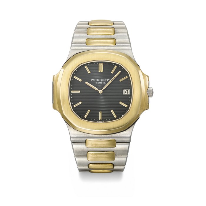PATEK PHILIPPE. A VERY RARE 18K GOLD AND STAINLESS STEEL AUTOMATIC WRISTWATCH WITH DATE AND BRACELET SIGNED PATEK PHILIPPE, GENEVE, NAUTILUS MODEL, REF. 3700⁄1AJ, MOVEMENT NO. 1'309'433, CASE NO. 541'522, CIRCA 1981