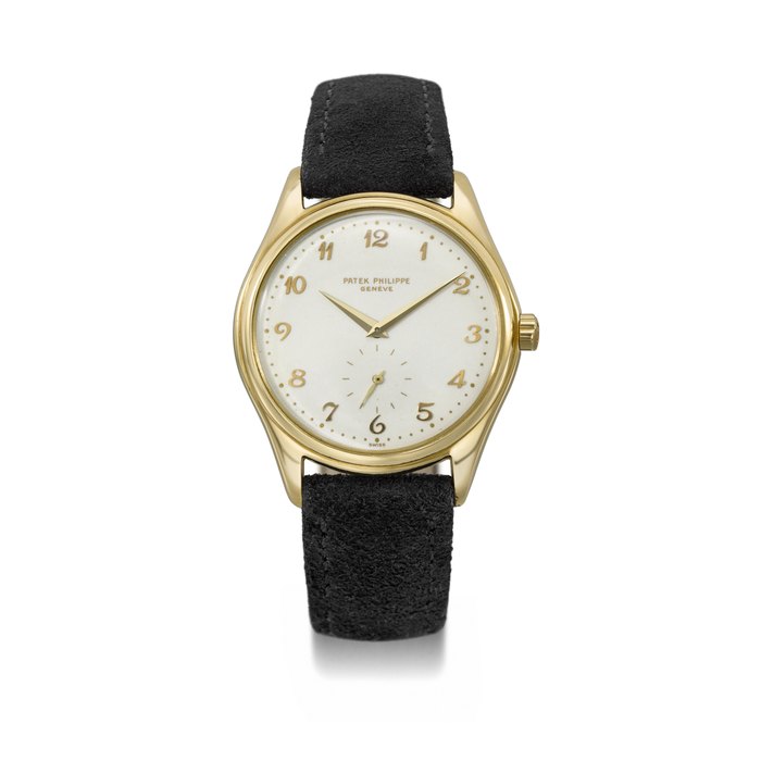 PATEK PHILIPPE. A VERY RARE AND ATTRACTIVE 18K GOLD AUTOMATIC WRISTWATCH WITH IVORY-COLOURED ENAMEL DIAL, BREGUET NUMERALS AND BOX SIGNED PATEK PHILIPPE, GENEVE, REF. 2526, MOVEMENT NO. 761'484, CASE NO. 684'544, CIRCA 1954