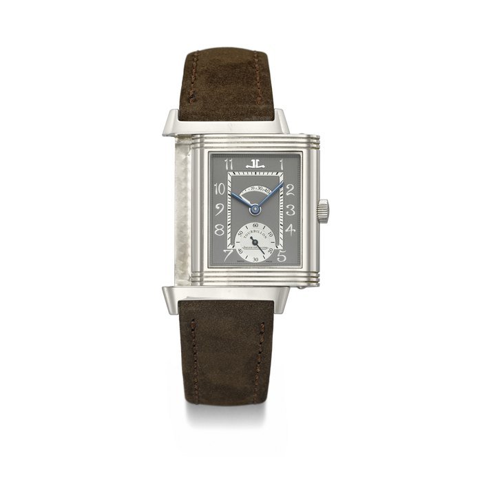 Jaeger-Lecoultre JAEGER-LECOULTRE. A VERY RARE PLATINUM LIMITED EDITION TOURBILLON REVERSO WRISTWATCH WITH POWER RESERVE INDICATION AND BOX SIGNED JAEGER-LECOULTRE, REVERSO TOURBILLON MODEL, LIMITED EDITION, REF. 217.64.40, NO. 56⁄500, CIRCA 2004