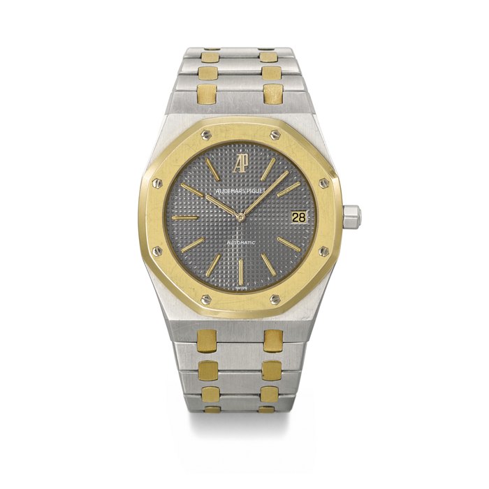 AUDEMARS PIGUET. A VERY RARE AND ELEGANT STAINLESS STEEL AND 18K GOLD AUTOMATIC WRISTWATCH WITH DATE AND BRACELET SIGNED AUDEMARS PIGUET, ROYAL OAK MODEL, REF. 5402SA, NO. 805, CIRCA 1981