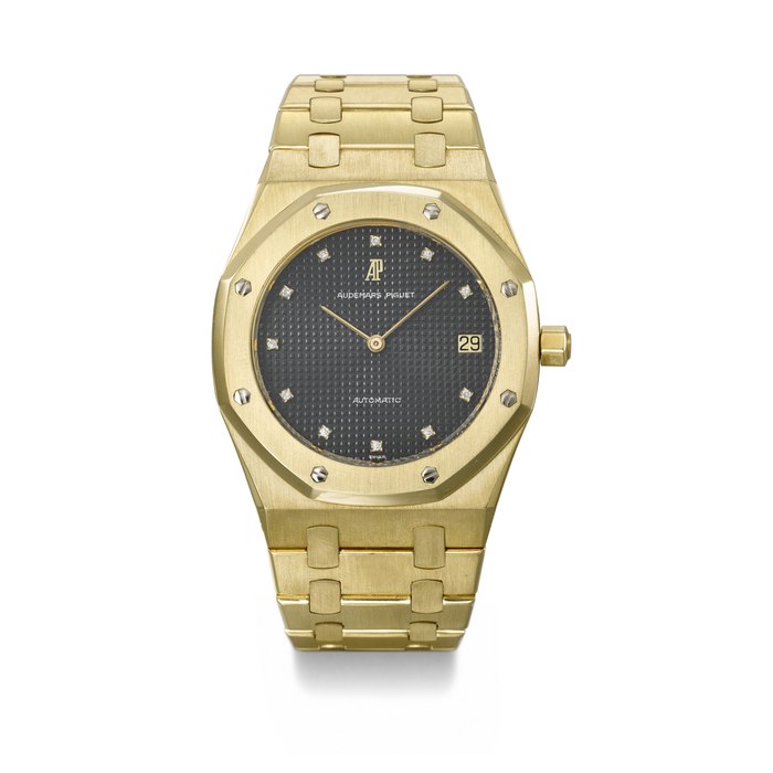 AUDEMARS PIGUET . AN EXTREMELY RARE 18K GOLD AUTOMATIC WRISTWATCH WITH DIAMOND-SET TAPISSERIE DIAL AND DATE SIGNED AUDEMARS PIGUET, ROYAL OAK MODEL, REF. 5402BA, MOVEMENT NO. 198'202, CASE NO. B34786, NO. 460, CIRCA 1979