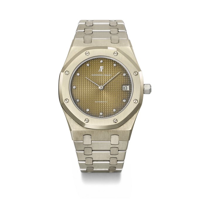 AUDEMARS PIGUET . A REMARKABLE AND UNIQUELY ATTRACTIVE 18K WHITE GOLD AUTOMATIC WRISTWATCH WITH MARK 1 TROPICAL DIAMOND-SET DIAL, DATE AND 18K WHITE GOLD ROYAL OAK BRACELET SIGNED AUDEMARS PIGUET, ROYAL OAK MODEL, REF. 5402BC, NO. 29, CIRCA 1977
