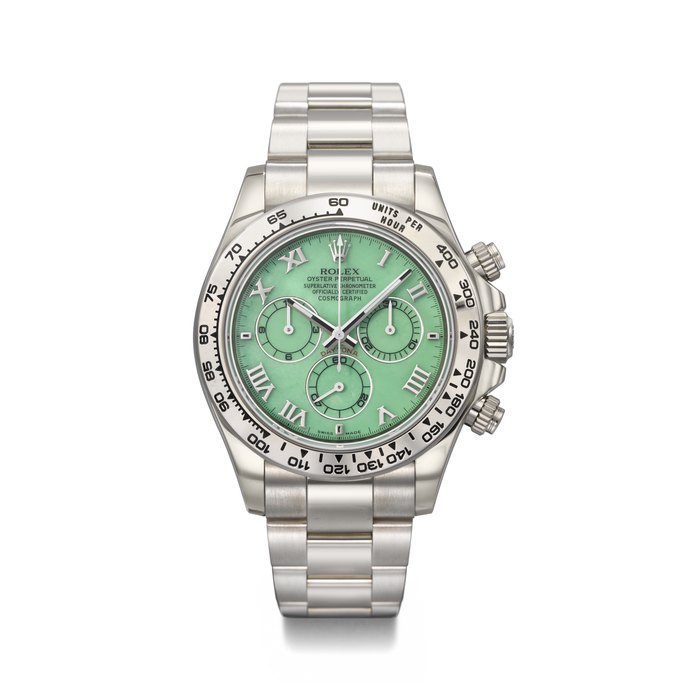 ROLEX. A RARE AND ATTRACTIVE 18K WHITE GOLD AUTOMATIC CHRONOGRAPH WRISTWATCH WITH BRACELET, GREEN CHRYSOPRASE DIAL, GUARANTEE AND BOX SIGNED ROLEX, DAYTONA MODEL, REF. 116509, CASE NO. J20U9131, CIRCA 2017