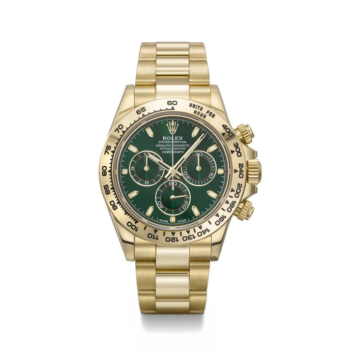 ROLEX. A RARE AND ATTRACTIVE 18K GOLD AUTOMATIC CHRONOGRAPH WRISTWATCH WITH BRACELET, GUARANTEE AND BOX SIGNED ROLEX, DAYTONA MODEL, REF. 116508, CIRCA 2021