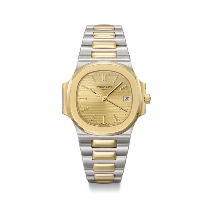 PATEK PHILIPPE. AN ATTRACTIVE STAINLESS STEEL AND 18K GOLD AUTOMATIC WRISTWATCH WITH SWEEP CENTRE SECONDS, DATE, BRACELET, CERTIFICATE OF ORIGIN AND BOX SIGNED PATEK PHILIPPE, GENEVE, NAUTILUS MODEL, REF. 3800/1JA-001, FOURTH SERIES, MOVEMENT NO. 3'023'869, CASE NO. 4'018'517, CIRCA 2000