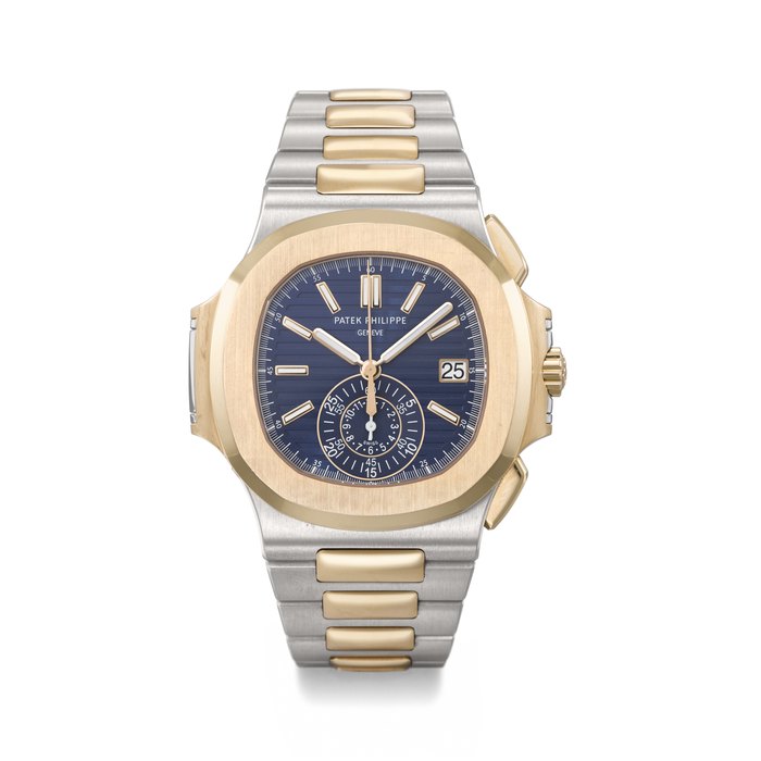 PATEK PHILIPPE. A RARE AND HIGHLY ATTRACTIVE STAINLESS STEEL AND 18K PINK GOLD AUTOMATIC FLYBACK CHRONOGRAPH WRISTWATCH WITH DATE, BRACELET, CERTIFICATE OF ORIGIN AND BOX SIGNED PATEK PHILIPPE, GENEVE, NAUTILUS MODEL, REF. 5980/1AR-001, MOVEMENT NO. 7'204'605, CASE NO. 6'299'815, CIRCA 2018