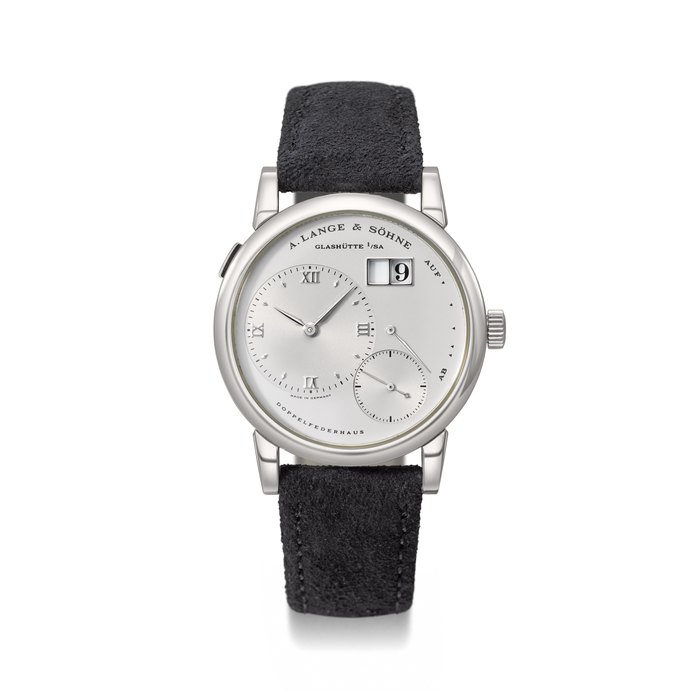 A. LANGE & SOHNE. A RARE AND EARLY PLATINUM WRISWATCH WITH DATE, POWER RESERVE, GUARANTEE AND BOX SIGNED A. LANGE & SOHNE, LANGE 1 MODEL, REF. 101.025, CASE NO. 129'984, CIRCA 2000