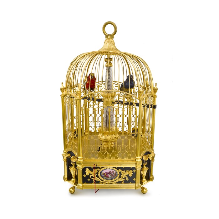 AN EXCEPTIONAL AND MAGNIFICENT LOUIS XVI ORMOLU, ENAMEL AND PAINTED TOLE ‘PENDULE DE VESTIBULE’ HANGING CENTRE-SECONDS MUSICAL BIRDCAGE CLOCK WITH TWO AUTOMATON SINGING BIRDS AND AUTOMATON WATERFALL SWISS, ATTRIBUTED TO PIERRE-JAQUET DROZ, CIRCA 1770-1780