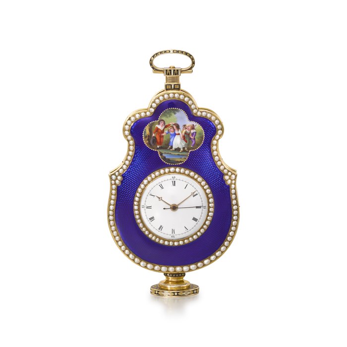 ATTRIBUTED TO JAQUET DROZ ET LESCHOT. A MAGNIFICENT AND EXTREMELY RARE 18K GOLD, ENAMEL AND PEARL-SET CENTRE SECONDS URN-FORM CYLINDER WATCH , THE ENAMEL ATTRIBUTED TO JEAN-LOUIS RICHTER (1766-1841) UNSIGNED, SCRATCH NUMBERED 4418 AND 78, MADE FOR THE CHINESE MARKET, CIRCA 1810