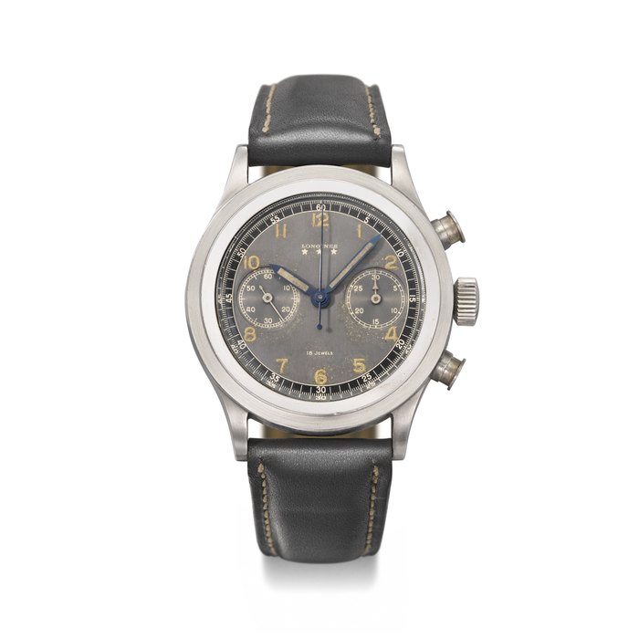 LONGINES. A VERY RARE AND LARGE STAINLESS STEEL ‘STAYBRITE’ NON-MAGNETIC CHRONOGRAPH WRISTWATCH WITH FLYBACK FUNCTION AND TWO-TONE LUMINOUS DIAL SIGNED LONGINES, REF. 4270, ORDER NO. 2352, MOVEMENT NO. 5880830, CIRCA 1940
