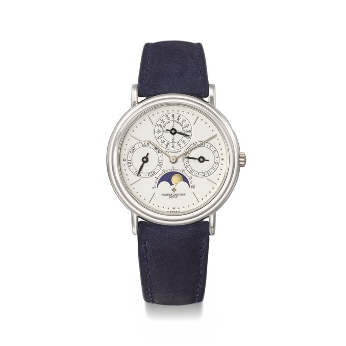 VACHERON CONSTANTIN. A RARE AND ELEGANT PLATINUM AUTOMATIC PERPETUAL CALENDAR WRISTWATCH WITH MOON PHASES AND LEAP YEAR INDICATION SIGNED VACHERON CONSTANTIN, PATRIMONY PERPETUAL MODEL, REF. 43031, CASE NO. 611'752, MANUFACTURED IN 1991