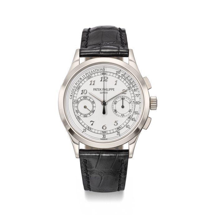 PATEK PHILIPPE. AN ATTRACTIVE 18K WHITE GOLD CHRONOGRAPH WRISTWATCH WITH BREGUET NUMERALS, PULSATION SCALE, CERTIFICATE OF ORIGIN AND BOX SIGNED PATEK PHILIPPE, GENEVE, REF. 5170G-001, MOVEMENT NO. 5'774'469, CASE NO. 4'646'005, CIRCA 2014