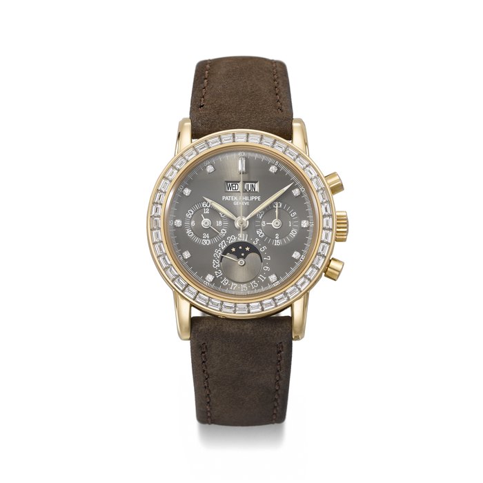 PATEK PHILIPPE. A RARE AND ATTRACTIVE 18K PINK GOLD AND DIAMOND-SET PERPETUAL CALENDAR CHRONOGRAPH WRISTWATCH WITH MOON PHASES AND CERTIFICATE OF ORIGIN SIGNED PATEK PHILIPPE, GENEVE, REF. 3990R-010, MOVEMENT NO. 3'045'667, CASE NO. 2'994'099, CIRCA 2000