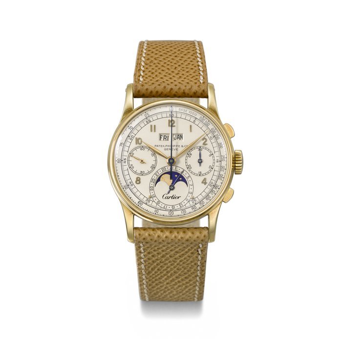 Patek Philippe PATEK PHILIPPE. AN EXTREMELY FINE AND HIGHLY IMPORTANT 18K GOLD PERPETUAL CALENDAR CHRONOGRAPH WRISTWATCH, RETAILED BY CARTIER SIGNED PATEK, PHILIPPE & CO., GENÈVE, ADDITIONALLY SIGNED CARTIER, REF. 1518, MOVEMENT NO. 863’669, CASE NO. 638’780, CARTIER NO. 17544, MANUFACTURED IN 1945 · 1518