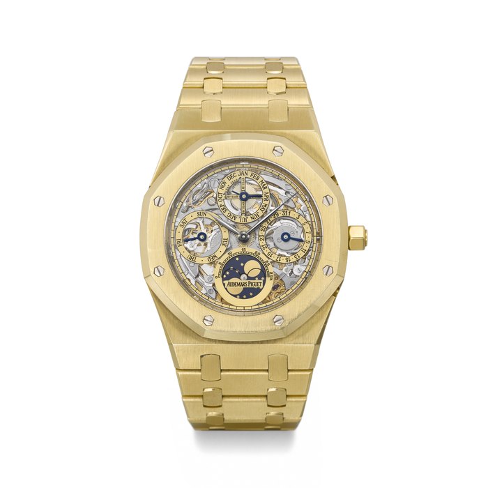 AUDEMARS PIGUET. A VERY RARE AND ATTRACTIVE 18K GOLD SKELETONIZED AUTOMATIC PERPETUAL CALENDAR WRISTWATCH WITH MOON PHASES, LEAP YEAR INDICATION AND BRACELET SIGNED AUDEMARS PIGUET, ROYAL OAK QUANTIEME PERPETUEL MODEL, REF. 25829BA, NO. 229, CASE NO. F77679, CIRCA 2004
