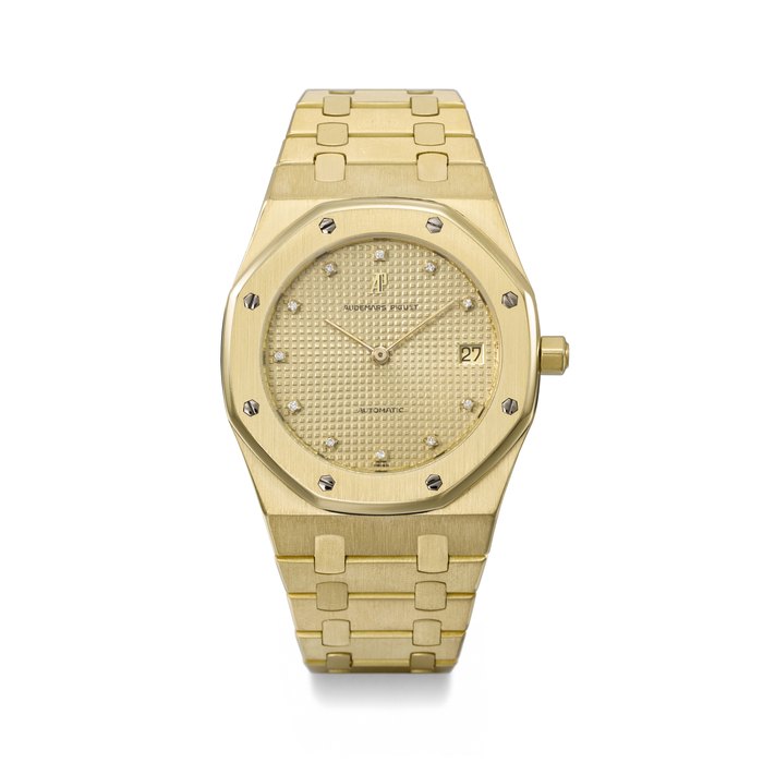 AUDEMARS PIGUET. AN EXTREMELY RARE 18K GOLD AND DIAMOND-SET AUTOMATIC WRISTWATCH WITH DATE AND BRACELET SIGNED AUDEMARS PIGUET, ROYAL OAK MODEL, REF. 5402BA, NO. 712, CIRCA 1980