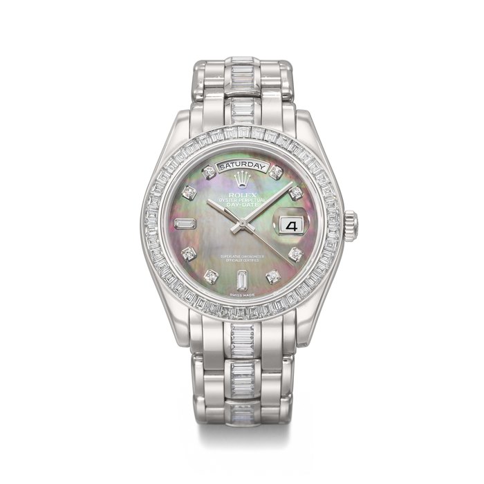 ROLEX. A VERY RARE, HEAVY AND HIGHLY ATTRACTIVE PLATINUM AND DIAMOND-SET AUTOMATIC WRISTWATCH WITH SWEEP CENTRE SECONDS, DAY, DATE, MOTHER-OF-PEARL DIAL AND BRACELET SIGNED ROLEX, DAY-DATE, PEARLMASTER MODEL, REF. 18956, CIRCA 2006