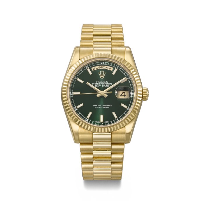 ROLEX. AN ATTRACTIVE 18K GOLD AND DIAMOND-SET AUTOMATIC WRISTWATCH WITH SWEEP CENTRE SECONDS, DAY, DATE, BRACELET ADDITIONAL DIAL , GUARANTEE AND BOX SIGNED ROLEX, DAY-DATE MODEL, REF. 118238, CASE NO. MV348590, CIRCA 2009