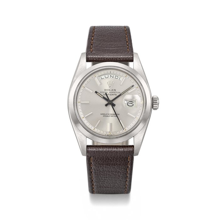 ROLEX. AN EXCEPTIONALLY RARE STAINLESS STEEL PROTOTYPE AUTOMATIC WRISTWATCH WITH SWEEP CENTRE SECONDS, DAY AND DATE SIGNED ROLEX, DAY-DATE MODEL, WITHOUT REFERENCE NUMBER (REF. 1803/0), MOVEMENT NO. DD081221, CASE UNNUMBERED, CIRCA 1965-70