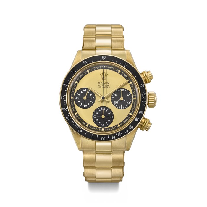 ROLEX. AN EXCEPTIONALLY RARE AND HIGHLY IMPORTANT 18K GOLD CHRONOGRAPH WRISTWATCH WITH EARLY 'LEMON PAUL NEWMAN' DIAL WITH WHITE SUBSIDIARY GRAPHICS AND BRACELET SIGNED ROLEX, DAYTONA PAUL NEWMAN MODEL, REF. 6263, CASE NO. 2'330'402, CIRCA 1969