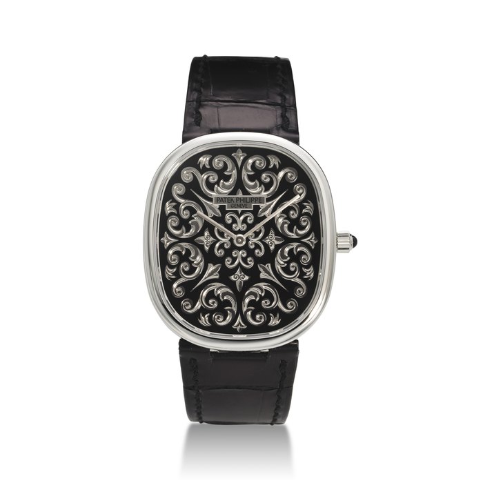 PATEK PHILIPPE, REF. 5738/50P-001, 50TH ANNIVERSARY EDITION, GOLDEN ELLIPSE, A FINE PLATINUM WRISTWATCH WITH BLACK GRAND FEU ENAMEL HAND ENGRAVED DIAL, AND MATCHING CUFFLINKS