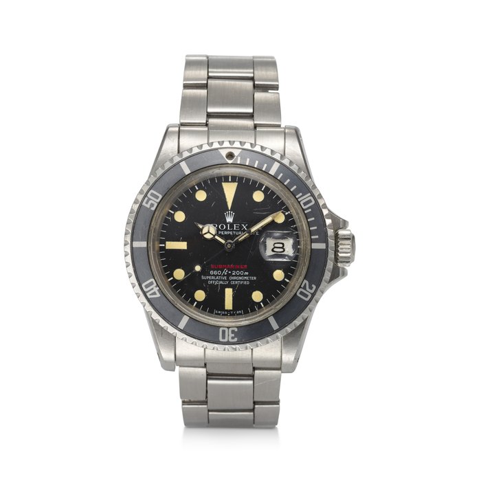 ROLEX, REF. 1680, “RED SUBMARINER”, MK IV DIAL, A FINE STEEL DIVER’S WRISTWATCH ON BRACELET WITH DATE