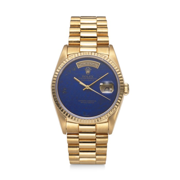 ROLEX, REF. 18238, DAY DATE, A FINE 18K YELLOW GOLD DAY DATE WRISTWATCH WITH LAPIS LAZULI DIAL ON BRACELET