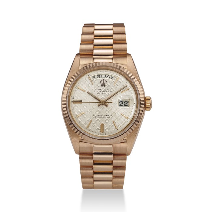 ROLEX, REF. 1803, DAY-DATE, A VERY RARE 18K PINK GOLD WITH TAPISSERIE DIAL ON BRACELET