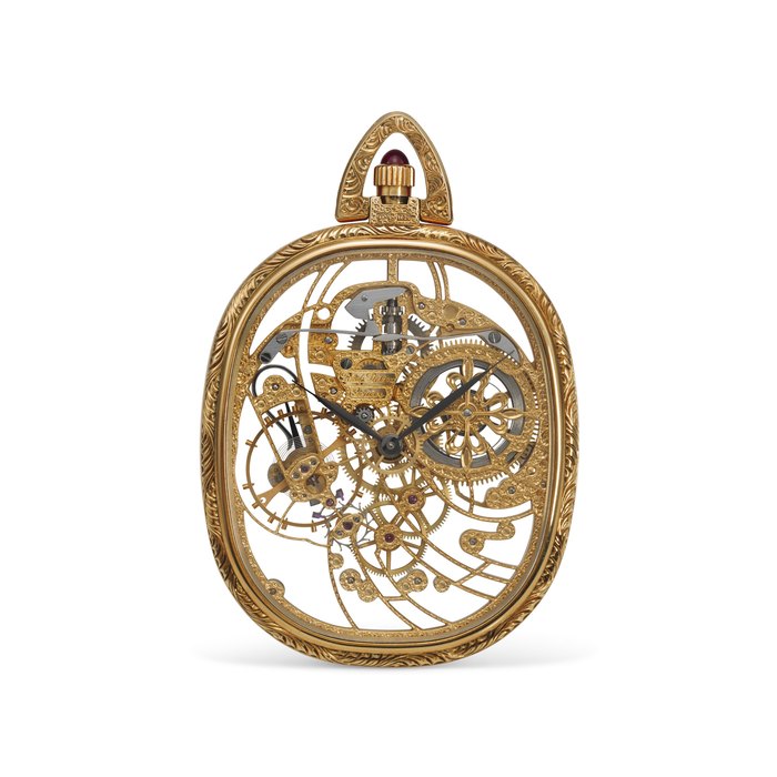 PATEK PHILIPPE, REF. 918, ELLIPSE, A FINE SKELETONIZED 18K YELLOW GOLD OVAL SHAPED POCKET WATCH WITH HAND ENGRAVED CASE AND MOVEMENT