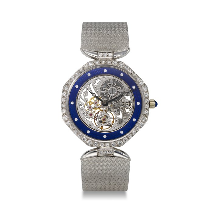 PATEK PHILIPPE, REF. 3897/2, A VERY FINE AND EXTREMELY RARE 18K WHITE GOLD, DIAMOND-SET, AND ENAMEL WRISTWATCH