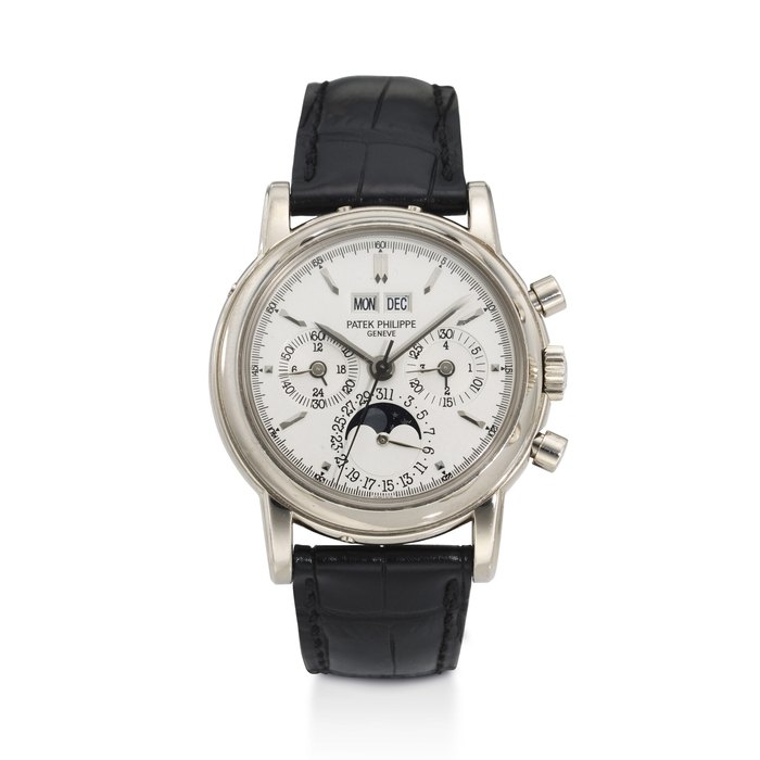 PATEK PHILIPPE, REF. 3970EG-016, A VERY FINE 4TH SERIES 18K WHITE GOLD PERPETUAL CALENDAR CHRONOGRAPH WRISTWATCH WITH MOON PHASES AND LEAP YEAR INDICATOR