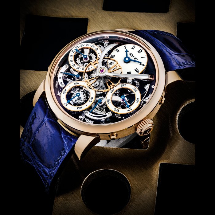 MB&F. A RARE 18K PINK GOLD LIMITED EDITION SEMI-SKELETONISED PERPETUAL CALENDAR WRISTWATCH WITH RETROGRADE LEAP YEAR INDICATION AND POWER RESERVE LEGACY MACHINE PERPETUAL MODEL, CIRCA 2016