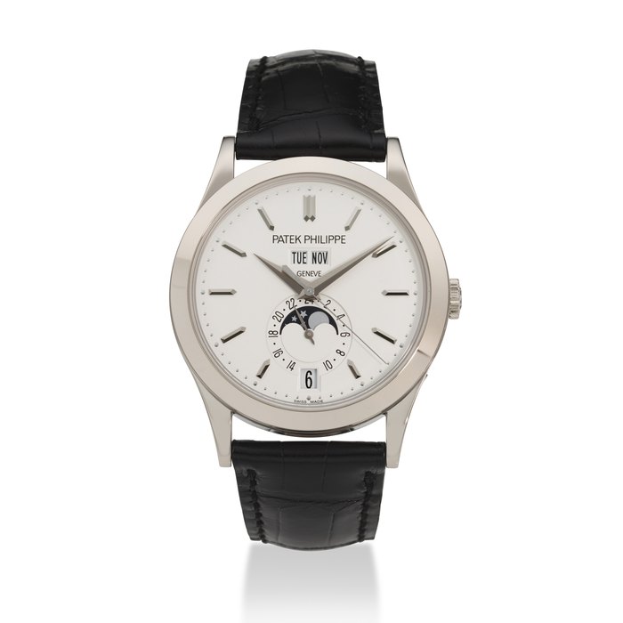 PATEK PHILIPPE. AN 18K WHITE GOLD AUTOMATIC ANNUAL CALENDAR WRISTWATCH WITH SWEEP CENTRE SECONDS, MOON PHASES AND 24 HOUR INDICATION REF. 5396G, CIRCA 2012