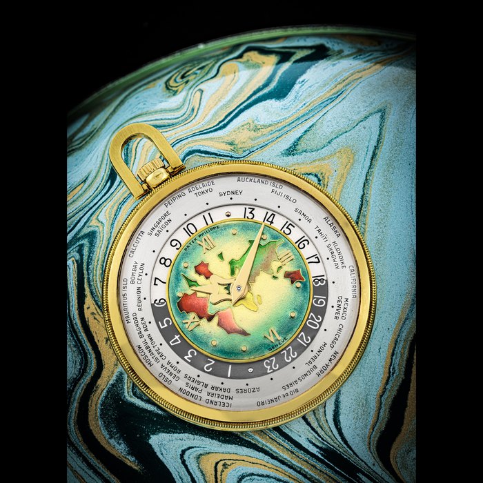 Patek Philippe PATEK PHILIPPE. A MAGNIFICENT AND EXTREMELY RARE 18K GOLD WORLD TIME POCKET WATCH WITH WORLD MAP CLOISONNÉ ENAMEL DIAL REF. 605HU, MANUFACTURED IN 1948, Price & Market Data