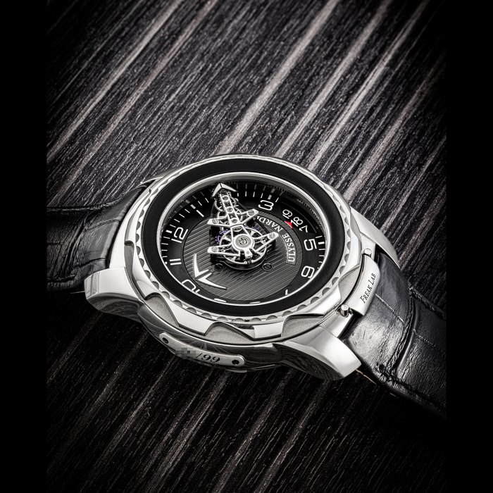 ULYSSE NARDIN. AN UNUSUAL AND RARE 18K WHITE GOLD LIMITED EDITION CARROUSEL TOURBILLON WRISTWATCH WITH DATE FREAK LAB MODEL, REF. 2100-138