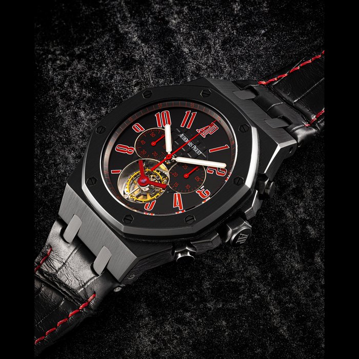 AUDEMARS PIGUET. A VERY RARE BLACK COATED STAINLESS STEEL TOURBILLON CHRONOGRAPH LIMITED EDITION WRISTWATCH ROYAL OAK LAS VEGAS STRIP MODEL, REF. 26268SN, CIRCA 2010