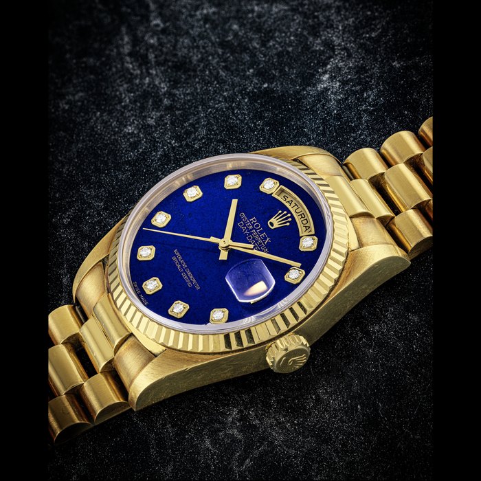 ROLEX. AN 18K GOLD AND DIAMOND-SET AUTOMATIC WRISTWATCH WITH SWEEP CENTRE SECONDS, DAY, DATE, BRACELET AND LAPIS LAZULI DIAL DAY-DATE MODEL, REF. 18238