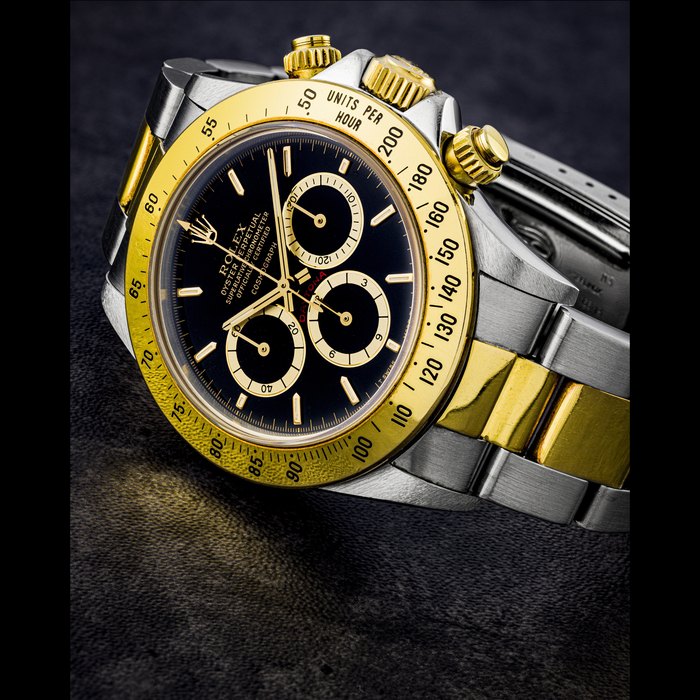 ROLEX. A RARE STAINLESS STEEL AND 18K GOLD AUTOMATIC CHRONOGRAPH WRISTWATCH WITH BRACELET AND “FLOATING” DIAL DAYTONA MODEL, REF. 16523