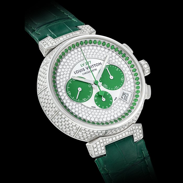 LOUIS VUITTON. A VERY RARE 18K WHITE GOLD, DIAMOND AND GREEN GEMSTONE-SET LIMITED EDITION AUTOMATIC CHRONOGRAPH WRISTWATCH WITH DATE REF. Q1E90, CIRCA 2016, NO. 1/8