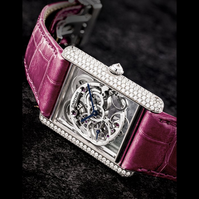 CARTIER. AN 18K WHITE GOLD AND DIAMOND-SET RECTANGULAR SKELETONISED WRISTWATCH TANK LOUIS CARTIER SAPPHIRE SKELETON MODEL, CIRCA 2014