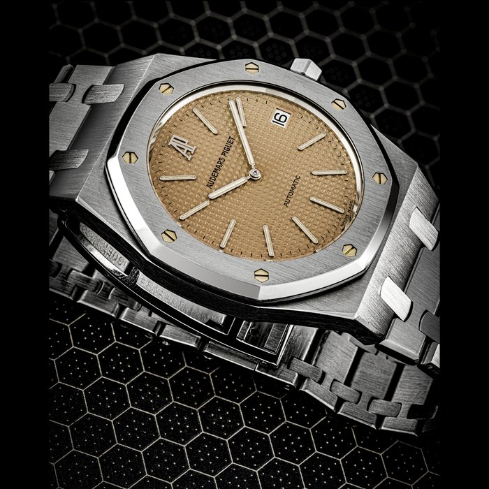 AUDEMARS PIGUET. A RARE STAINLESS STEEL LIMITED EDITION AUTOMATIC WRISTWATCH WITH DATE, BRACELET AND SALMON DIAL ROYAL OAK MODEL, MADE TO COMMEMORATE THE 20 TH ANNIVERSARY OF REFERENCE 5402ST, REF. 14802ST