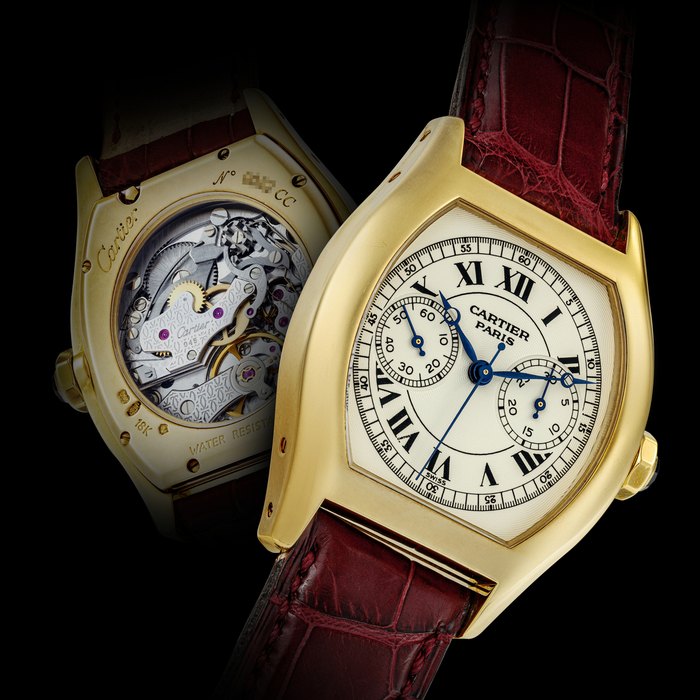 CARTIER. AN 18K GOLD TONNEAU SHAPE SINGLE BUTTON CHRONOGRAPH WRISTWATCH TORTUE MODEL, COLLECTION PRIVÉE CARTIER PARIS “CPCP“, REF. 2396