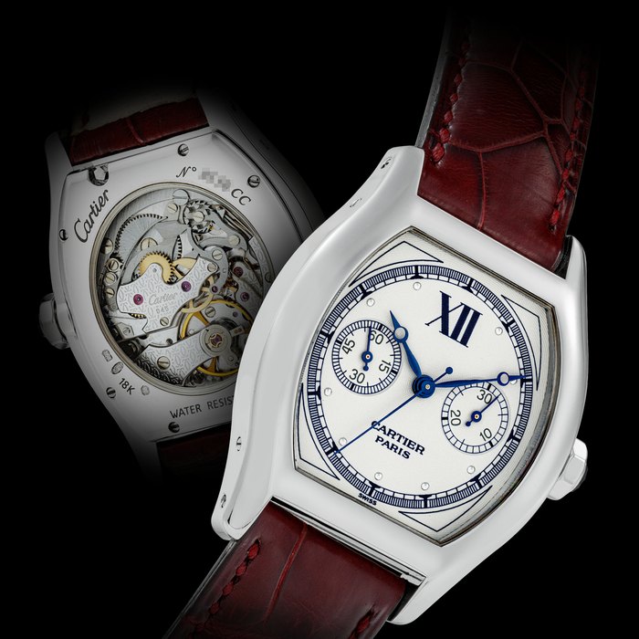 CARTIER. AN 18K WHITE GOLD TONNEAU SHAPE SINGLE BUTTON CHRONOGRAPH WRISTWATCH TORTUE MODEL, COLLECTION PRIVÉE CARTIER PARIS “CPCP“, REF. 2396, CIRCA 1999