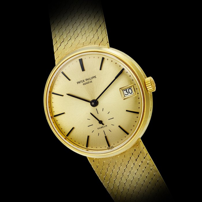 PATEK PHILIPPE. AN 18K GOLD AUTOMATIC BRACELET WATCH WITH DATE, RETAILED BY GÜBELIN REF. 3514/4, CIRCA 1966