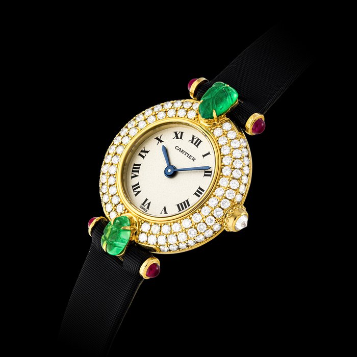 Cartier CARTIER, GOLD, DIAMOND, RUBY AND EMERALD-SET WRISTWATCH, Price & Market Data